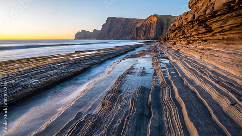 Dramatic coastal rock formations with layered stone patterns along ocean shoreline at sunset