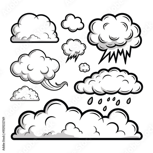 Comic Clouds: A collection of stylized comic clouds and weather elements, perfect for design and illustration projects. 