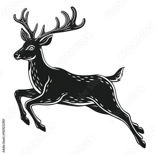 A leaping stag with large antlers depicted in a vintage style