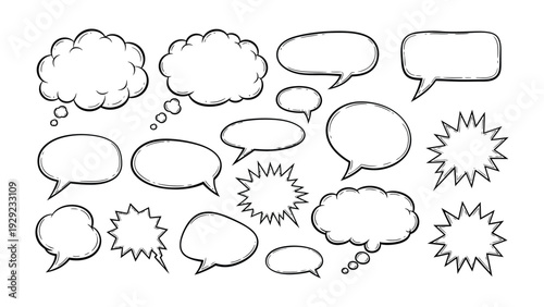 Dialogue Bubbles: A collection of various comic-style thought and speech bubbles, perfect for conveying thoughts, ideas, and dialogue in creative projects.