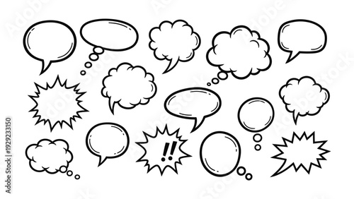 Thought Bubbles in Expression: A collection of various hand-drawn thought bubbles, each uniquely shaped, providing versatile templates for visual communication and storytelling. 