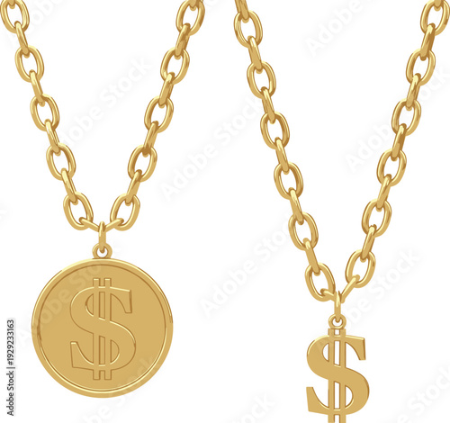Shiny Gold Chain Necklace Set with Dollar Sign Pendants and Medallions for Wealth, Success, Finance, Luxury Lifestyle, and Hip Hop Fashion Illustrations