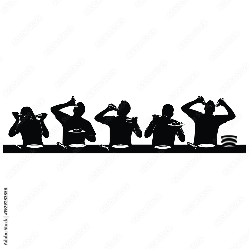 Obraz premium Silhouettes of people eating spaghetti in a row
