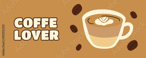 Coffee Lover banner with coffee cup and coffee beans, cozy cafe illustration