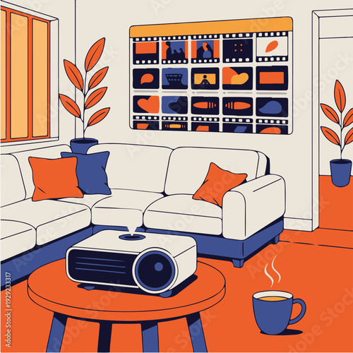 Cory Living Room with Home Heater Projector and Movie Night Setup Vector Illustration