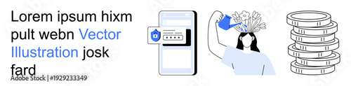 Digital security, personal finance, technology, self-improvement, money, and growth. A phone with a lock, a person watering their head with growth and coin stacks. Digital security and personal