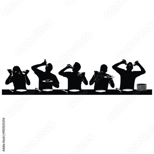 Silhouettes of people eating spaghetti in a row