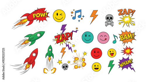 Pop Art Emoji Symphony: A vibrant collection of comic book-style elements, emojis, and energetic visuals burst with personality and excitement. The illustration evokes a playful.