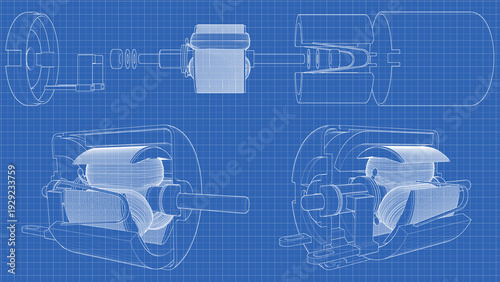 DC Electric Motor Rotor - Exploded View. Technical drawing, blueprint. 3D Mesh, Sketch, Vector style. 3D rendering isolated on blue background
