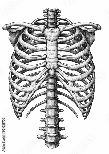 Vintage Engraved Human Rib Cage – Detailed Black and White Anatomical Illustration
