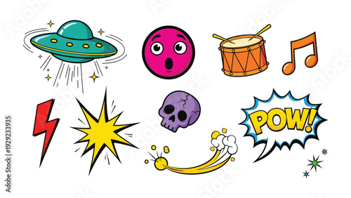 Colorful Cartoon Elements: A collection of vibrant cartoon illustrations featuring a UFO, emoji, drum, music note, lightning bolt, starburst, skull, and a POW speech bubble.
