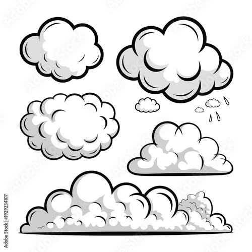 Cloud Collection: A variety of stylized cloud formations, each with distinct shapes and expressions, suitable for adding a touch of whimsy and natural charm to design projects.