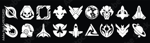 Gaming and fantasy ability icons set isolated on black background. Magic spells weapons shields and elemental symbols in bold white silhouette style. Flat vector RPG icon collection.