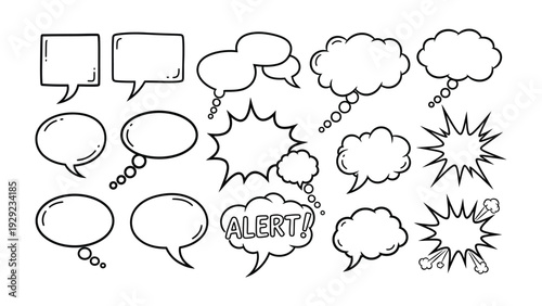 Expressive Thought Bubbles: A collection of various hand-drawn speech bubbles, perfect for adding a touch of personality to any project. Each bubble offers unique character