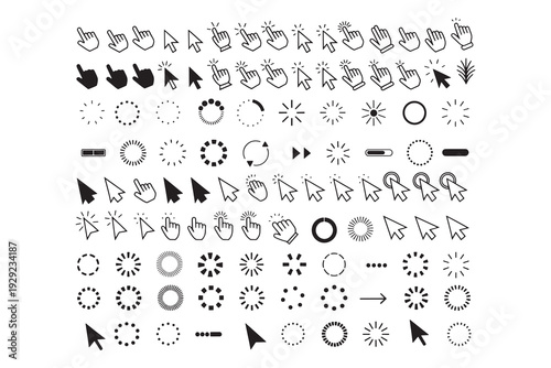 Set of clicking hand cursor arrow and loading spinner icons for web UI design