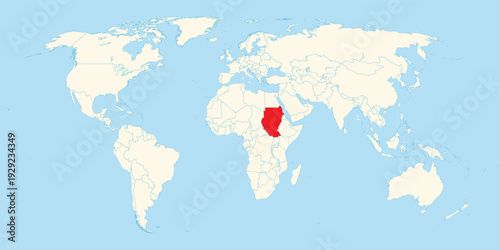 clear world map graphic showing the exact geographic location of sudan highlighted in red color
