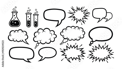 Conversation Bubbles and Science Flasks: Illustrative design. Bubbles and flasks ready for your text and ideas.