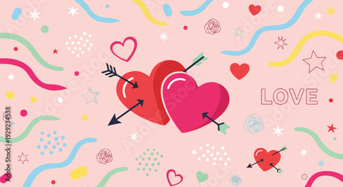 A pink background with hearts, arrows, stars, and the word "LOVE