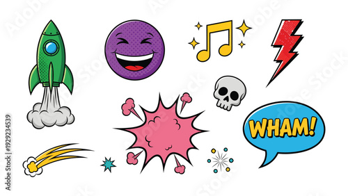 Comic Elements: A vibrant collection of comic book elements bursts with energy, featuring a rocket, emojis, and explosive sound effects to create a dynamic visual narrative.