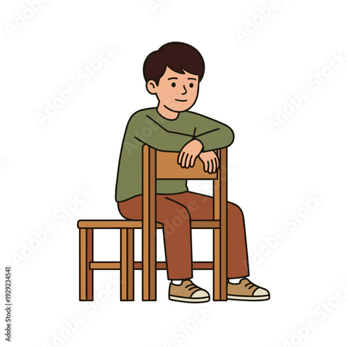 Teenage caucasian boy sitting backwards on wooden chair isolated on white background casual lifestyle concept