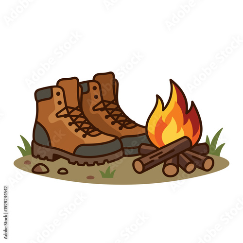 Hiking leather boots drying near campfire on ground with grass and stones cozy outdoor adventure atmosphere
