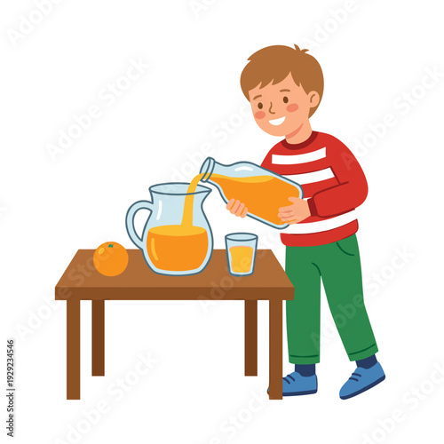 Smiling caucasian boy pouring fresh orange juice into glass pitcher on table healthy nutrition concept