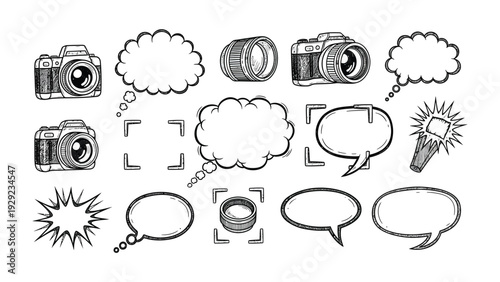 Photography Elements Illustration: A collection of hand-drawn photography elements, including cameras, lenses, thought bubbles, and a flash, perfect for design and creative projects.