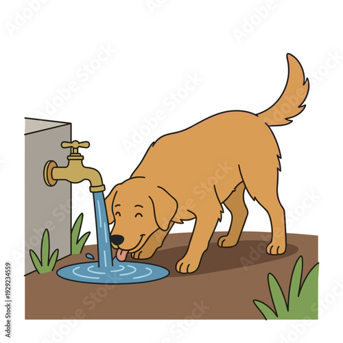 Golden retriever dog drinking water from outdoor faucet on backyard ground summer hydration concept