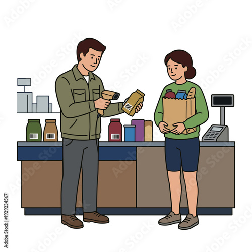 Young couple scanning grocery items at supermarket checkout counter everyday shopping concept