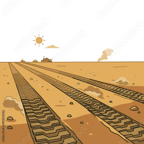 Deep tank tracks across dusty desert field under hot sun military movement concept
