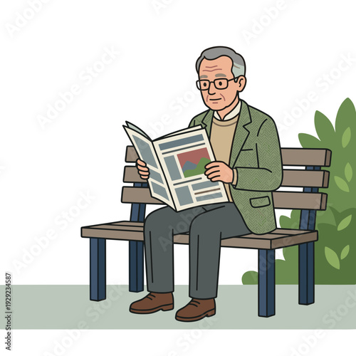 Senior caucasian man reading newspaper while sitting on public park bench calm retirement lifestyle concept