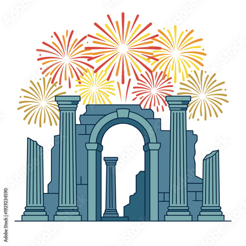 Bright fireworks exploding above ancient stone temple ruins night cultural festival concept