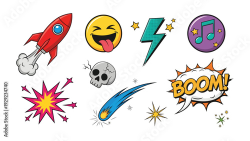 Comic Strip Elements: A colorful ensemble of comic elements bursts forth, including a rocket ship, expressive emojis, lightning bolts, musical notes, explosive speech bubbles, and a skull.