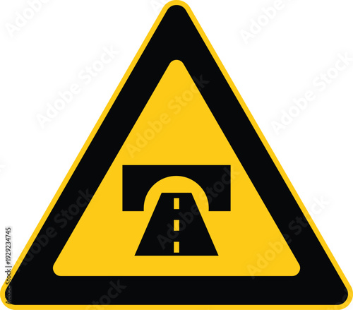 Yellow Triangular Tunnel Ahead Warning Sign with Roadway Symbol