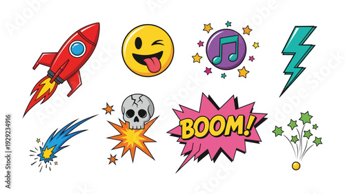 Colorful Cartoon Elements: A collection of vibrant cartoon illustrations featuring a rocket, winking face, musical note, lightning bolt, shooting star, skull with explosion, BOOM! text bubble.