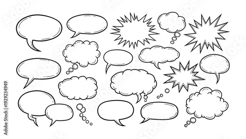 Comic Bubbles Collection: A collection of various comic speech bubbles, perfect for illustrating thoughts, dialogues, and expressions in a visual storytelling format. 