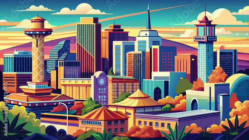 Very beautiful panoramic view of San Antonio, Texas, USA, showcasing a vibrant South Central skyline blending historic character with modern glass towers beneath expansive southern skies.