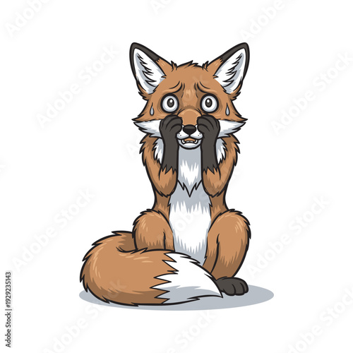 Surprised cartoon fox covering face with paws on white background