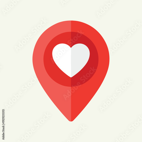 A red heart symbol inside of a map pin on a light green background