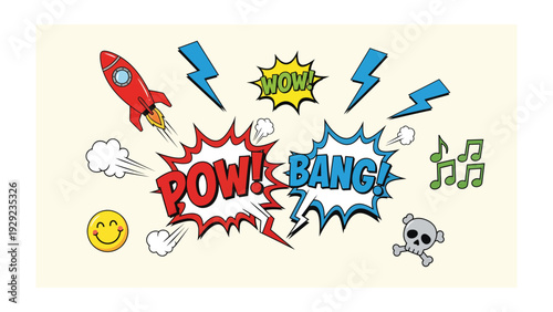 Comic Book Explosion: A dynamic illustration bursting with comic book elements, featuring bold sound effects and a retro rocket ship. Perfect for adding a touch of vintage flair to your project.