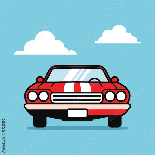 A red sports car with white stripes drives under blue skies and clouds