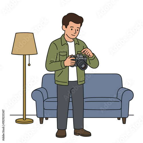 Young man adjusting digital camera settings in living room home photography concept