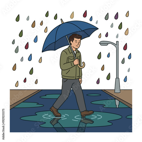 Young man walking with umbrella across wet city street in heavy rain weather concept