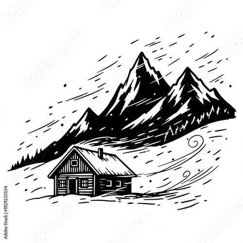 A black and white vector illustration of a cozy cabin in a snowy mountain landscape with a minimalist design