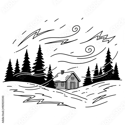 A minimalist black and white vector illustration of a cozy cabin in a snowy forest with blowing snow and wind