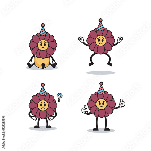 Cartoon flower characters showing different emotions and gestures with copy space