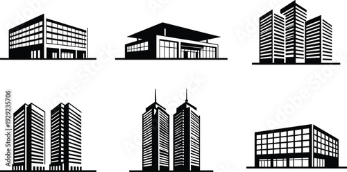 Black Vector Silhouette Collection of Modern Office Buildings Skyscrapers and Commercial Real Estate Icons for Urban City Architecture Design Business Logos and Corporate Graphic Presentations