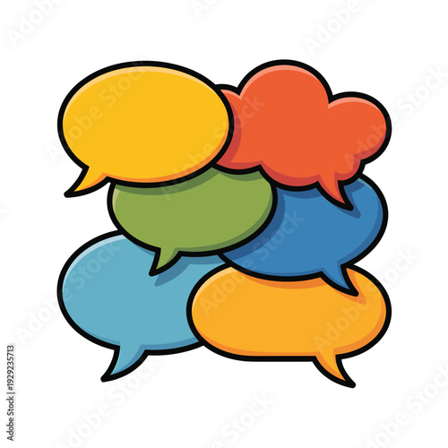 Colorful Dialogue: A vibrant collection of diverse speech bubbles, each radiating its own unique hue and shape, overlaps, forming a visual representation of conversation, thought, and communication. 
