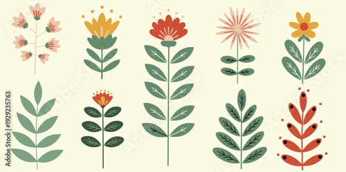 Collection of various colorful flowers and leaves on white background