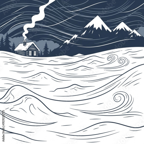 A cozy cabin in a snowy landscape with mountains and trees in the background, illustrated in a minimalist line art style